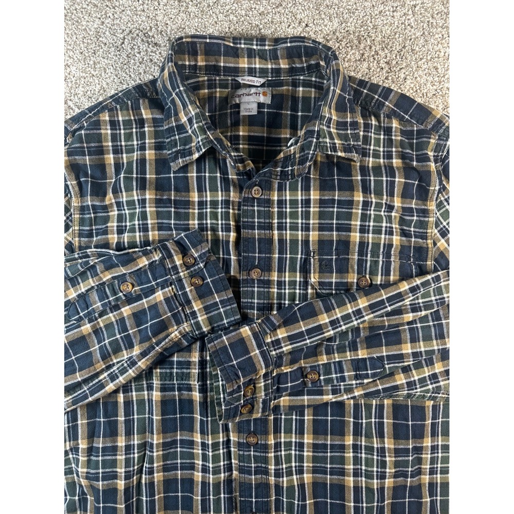 Carhartt Mens Relaxed Fit Plaid Button Down Shirt Navy Green Tan 101297 Large